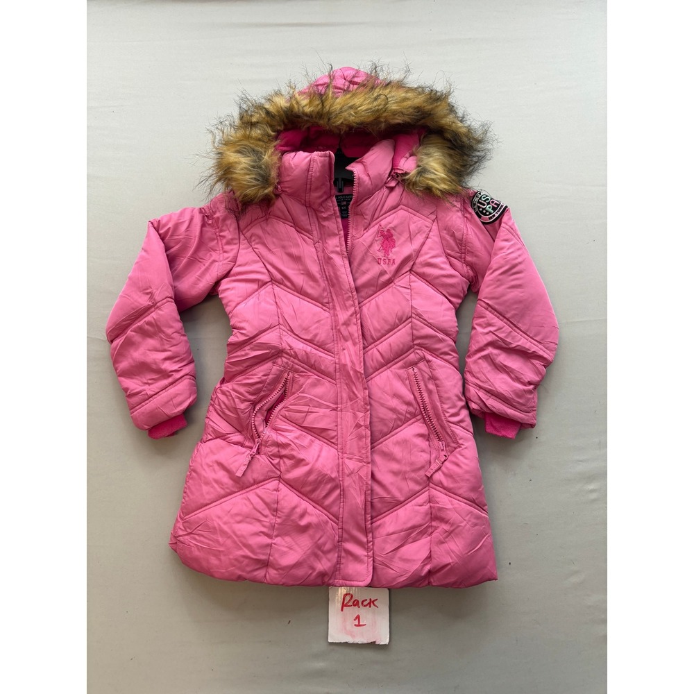 US Polo Assn Girls Pink Puffer Parka Jacket Faux Fur Hood Fleece Lined Size 6X